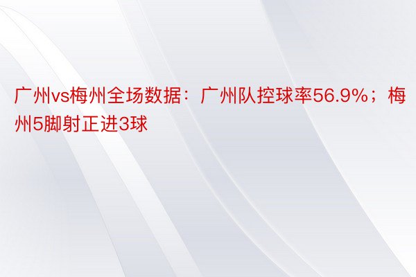 广州vs梅州全场数据：广州队控球率56.9%；梅州5脚射正进3球
