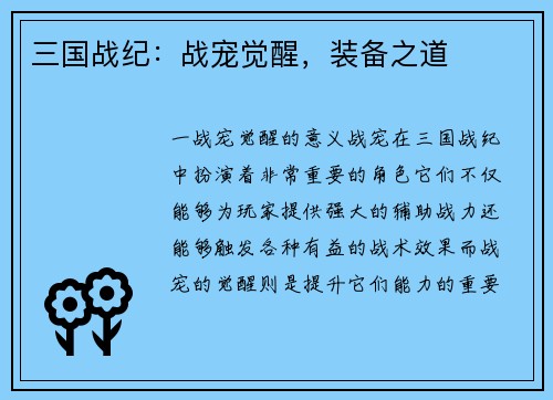 三国战纪：战宠觉醒，装备之道