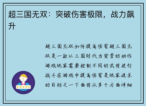 超三国无双：突破伤害极限，战力飙升